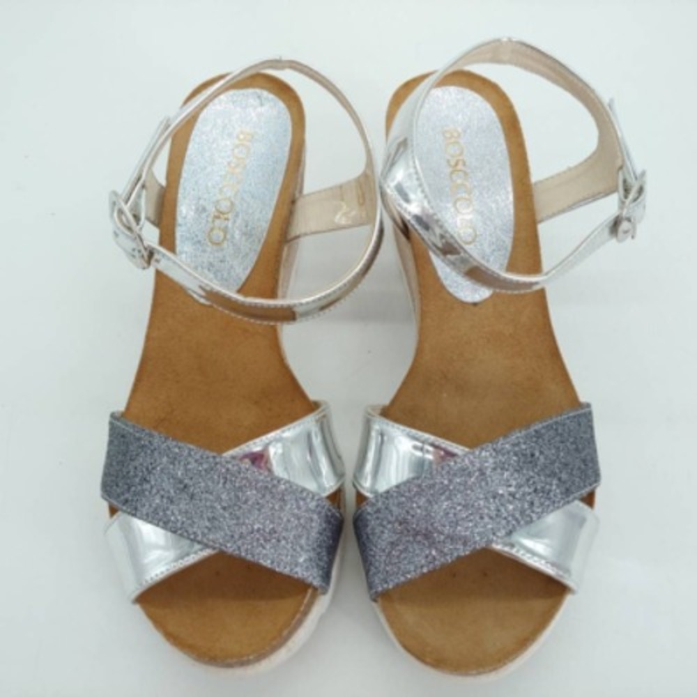 Bosccolo Shoes Womens Brocate Silver EUR 38 Leather Sandal Buckle Wedge Metallic